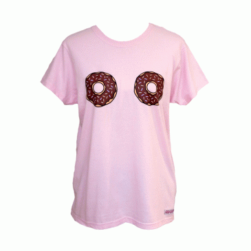 A pale pink unfitted tshirt with a cartoon chocolate donut over the place where each breast or nipple would be.